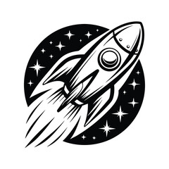 Bold Black & White Rocket Launching through a Starry Oval Isolated on White Space