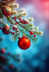 Frosty blue winter bokeh background, fir branch with red and green ornaments, image, green, new year