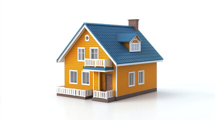 charming yellow house with blue roof and white accents on white background