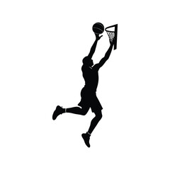 Silhouette drawing of a basketball player jumping to make a slam dunk and holding a basketball in one hand above the hoop.eps