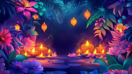 Burning candles Hinduism symbol. Diyas oil lamps used during Diwali, Hindu festival of lights. Shubh diwali, kandil, deepak celebration. Diwali mandala indian festival. Diwali border candles design