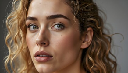 Fototapeta premium Captivating Gaze: A close-up shot of a radiant female with stunning facial features, curly hair, and an intriguing look, capturing the essence of beauty and introspection.