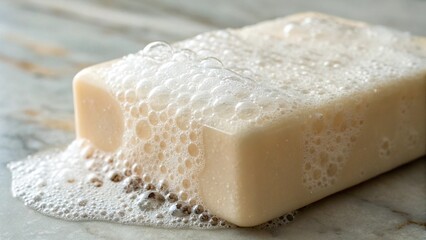 Naklejka premium Yellowish Bar of Soap with Bubbles on Bathroom Floor in Natural Lighting