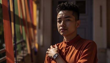 Serene Contemplation: A portrait of an Asian individual exudes a sense of calm introspection, his gaze directed towards the viewer with a touch of mystery.