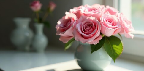 Delicate pink roses, ceramic vase, soft light, closeup, background