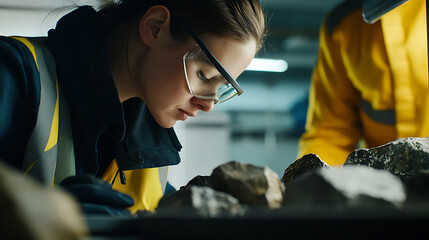 Geologist analyzing lithium ore samples in a field lab. Featuring scientific evaluation