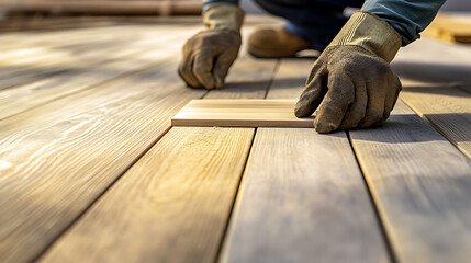 Construction worker sanding a wooden surface at a site. Featuring woodworking and surface finishing