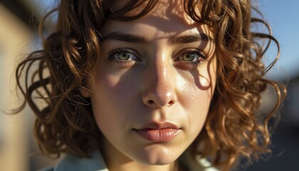 Fototapeta premium Radiant Gaze: A captivating portrait of a woman with stunning curly hair, her eyes meeting the viewer with an intensity that speaks volumes, lit by soft daylight.