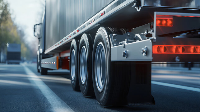 Rear view of semi trailer truck driving on the road. Rear view of wheels and axles assembly of a semi-trailer truck. Moving crane truck tractr triler on the road, express. Rear wheels and trailer