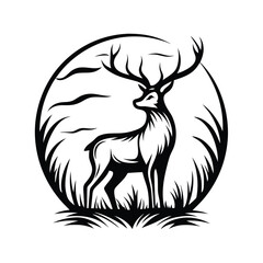 Obraz premium Majestic Stag Silhouette Graceful Deer with Antlers in a Circular Forest Setting