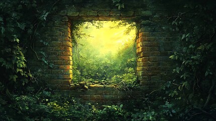 Overgrown brick wall window revealing sunlit forest; nature reclamation; fantasy background; ideal for fantasy, nature, or escape themes