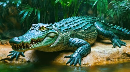 Green Crocodile Resting in Tropical Aquarium
