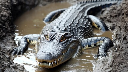Obraz premium Large alligator resting in muddy water; swamp background. Possible use wildlife, nature, education