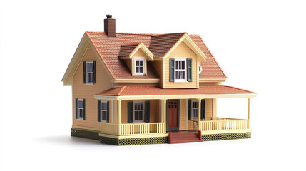 charming yellow house with porch and gabled roof on white background