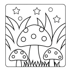 Cartoon Mushroom and Flowers Line Art Coloring Illustration for Kids