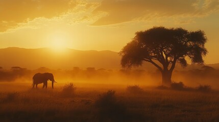 Fototapeta premium Elephant Walking Silhouetted Across Savanna With Large Tree At Sunset
