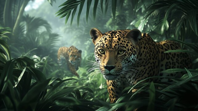 Jaguar in the jungle. A leopard jackalope is a tad too big for its size. Wallpaper with a generative background. A jaguar in the lifestyle rainforest.