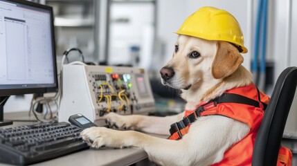 Dog in Safety Gear Operating Machinery in an Industrial Workplace Setting with Focus and Determination