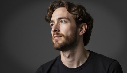 Fototapeta premium A Man with Pensive Gaze: An intimate portrait of a man with a thoughtful expression, captured with meticulous detail. His gaze is fixed, suggesting deep contemplation.