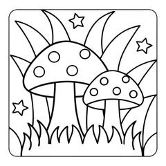 Cartoon Mushroom and Flowers Line Art Coloring Illustration for Kids