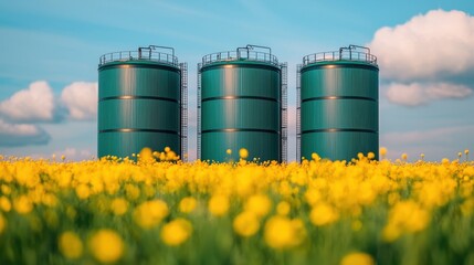 Green Storage Silos Surrounded by Bright Yellow Flowers Under a Clear Blue Sky in a Scenic Rural Landscape