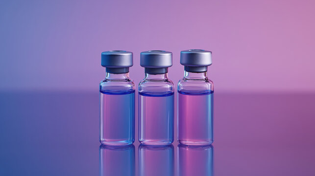 Three vaccine vials on reflective surface with gradient lighting
