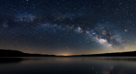 Fototapeta premium Milky Way Above Calm Lake Reflecting Starry Night Sky