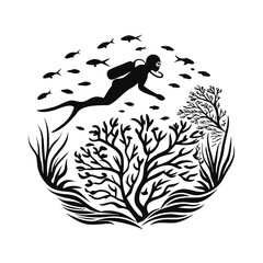 Isolated diver silhouette swims among fish and coral on the seabed, black on white