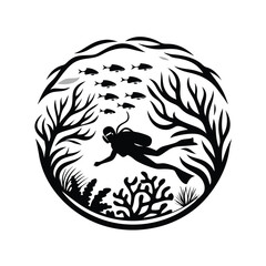 Silhouette Diver with Fish and Coral Reef in Circle, Black and White Sea Life