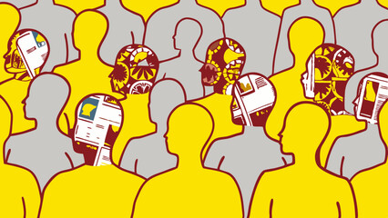 Diverse crowd minds filled with varied thoughts ideas and news stylized illustration with bold