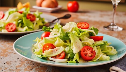Fresh Salad Delight: A vibrant and appetizing salad on elegant plates, with fresh lettuce and ripe tomatoes inviting viewers to enjoy the healthy and colorful dish.