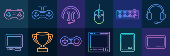 Collection of bold line and neon flat style gaming and eSports icons – Great for gaming merchandise, eSports teams, or digital gaming communities.