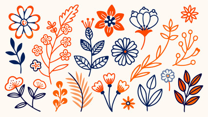 Obraz premium Vibrant floral design elements orange and navy blue hand drawn flowers leaves and branches perfect
