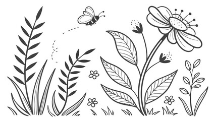 Charming floral illustration featuring a large flower bee and various leaves in a black and white