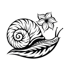 Detailed Black and White Snail with Flower on White Background