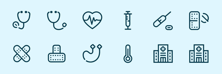 Vector icon set of healthcare symbols, including stethoscope, heart, and syringe – Suitable for medical app UIs.