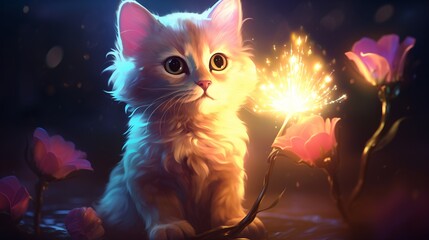 Adorable Kitten in a Magical Night Garden with beautiful view

