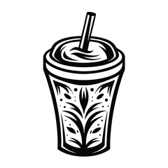 Stylized Black & White Drink with Straw and Floral Pattern on Glass Icon Style