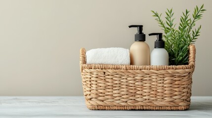 Fototapeta premium Natural Organic Skincare Products in a Woven Basket with Soft Towel and Green Plant on a Minimalist Background