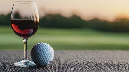 Elegant Glass of Red Wine Next to Golf Ball on Table with Soft Sunset in Background