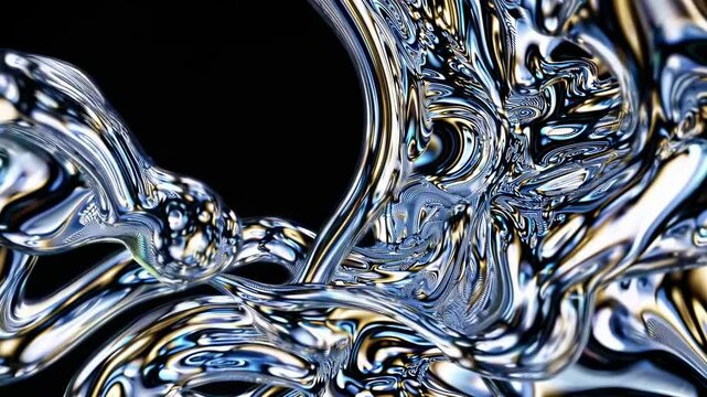 Dynamic abstract form swirling liquid metal effect highly reflective chrome silver surface creates intricate organic shapes fluid motion on dark background represents chaos transformation future tech