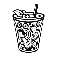 Black and White FruitInfused Drink With Straw Design Featuring Strawberries