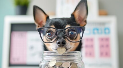 Funny Chihuahua Dog Wearing Glasses with Coins in Jar, Cute Pet Business Concept for Financial Savings and Investment