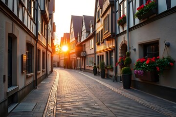 Obraz premium Picturesque Alleyway Bathed in Golden Light at Sunset