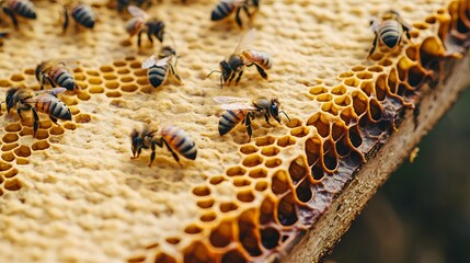 A cozy snapshot of a wooden honeycomb frame with busy bees and lovely textures.