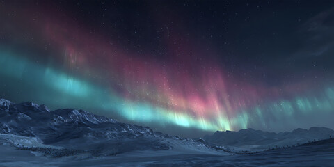 Naklejka premium A Vibrant Aurora Borealis Glowing Across a Snowy Landscape for Winter Adventure, Northern Lights, and Nature Photography Projects