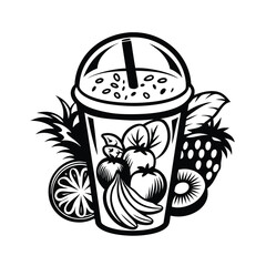 Cup with Straw Surrounded by Fruits, Black and White Line Art of Pineapple, Banana