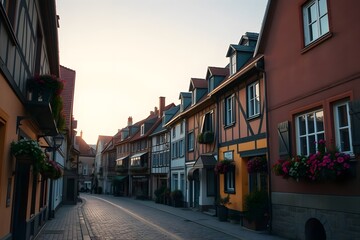 Fototapeta premium Quaint European Streetscape at Dawn, Cobblestone Road Leading