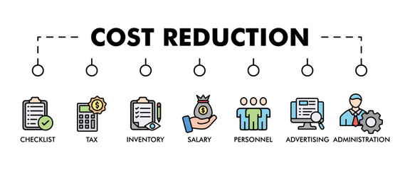 COST REDUCTION banner web icon vector illustration concept with icon of checklist, personnel, inventory, salary, tax, advertising administration