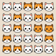 Set of cute cat faces with hand-drawn style. flat design style minimal vector illustration.
